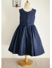 Navy Blue Taffeta Knee Length Flower Girl Dress Wedding Party Dress